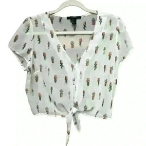 Forever 21 • Sheer Chiffon White Cactus Print Pattern Crop Top Tie Front Medium